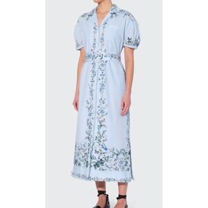 Erdem Floral Print Poplin Midi Cotton Blue Puff Sleeve Dress Cottagecore US 14